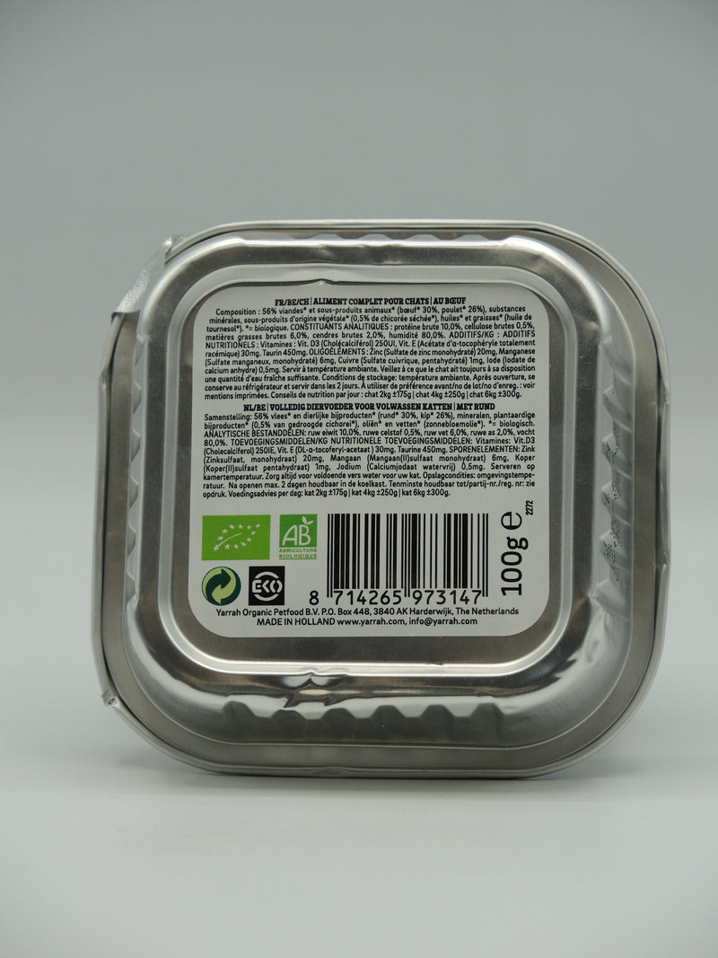 Pâté biologique au bœuf et au poulet pour chat, 100g, Yarrah