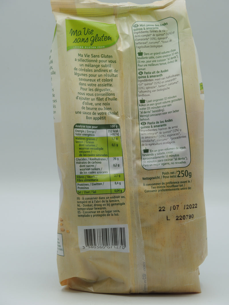 Mini penne des Andes, Quinoa & amarante, 250g, Ma vie sans gluten