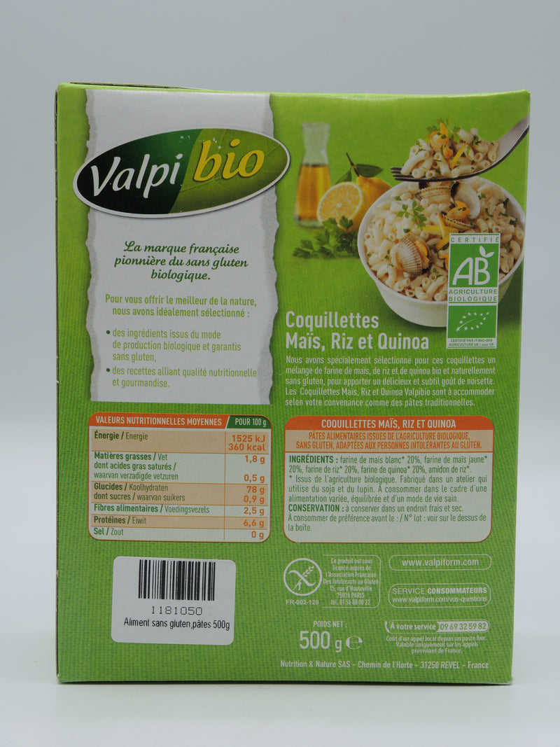 Coquillettes Maïs, riz & quinoa, sans gluten, 500g, Valpibio