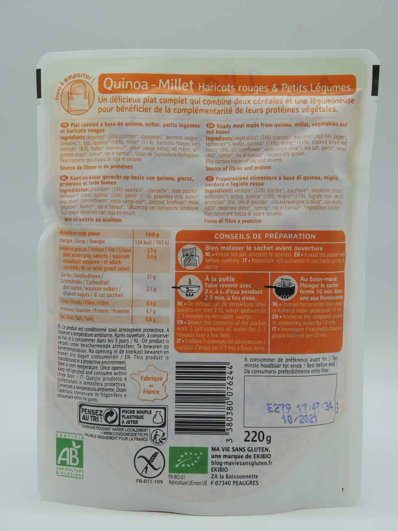 QUINOA-MILLET HARICOTS ROUGES ET PETITS LÉGUMES BIO, 220g, Ma vie sans gluten