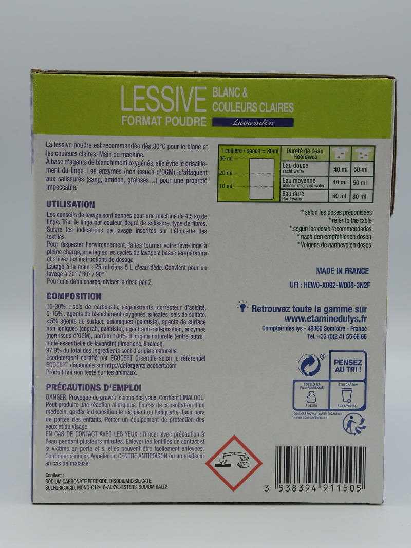 Lessive blanc & couleurs claires, Format poudre, 2kg, Etamine du lys