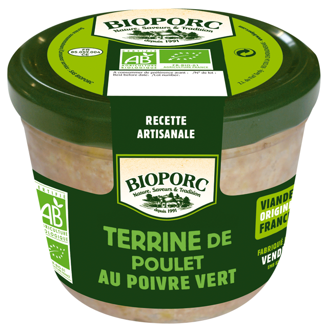 Terrine de poulet au poivre vert, 190g, Bioporc
