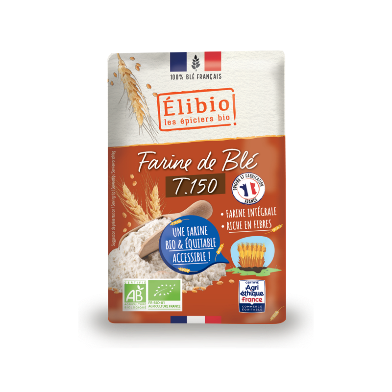 Farine de blé intégral T 150, 100% France, 1 kilo, Elibio
