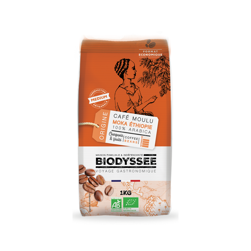Café 100% moka pur arabica grain, 1kg, Biodyssee
