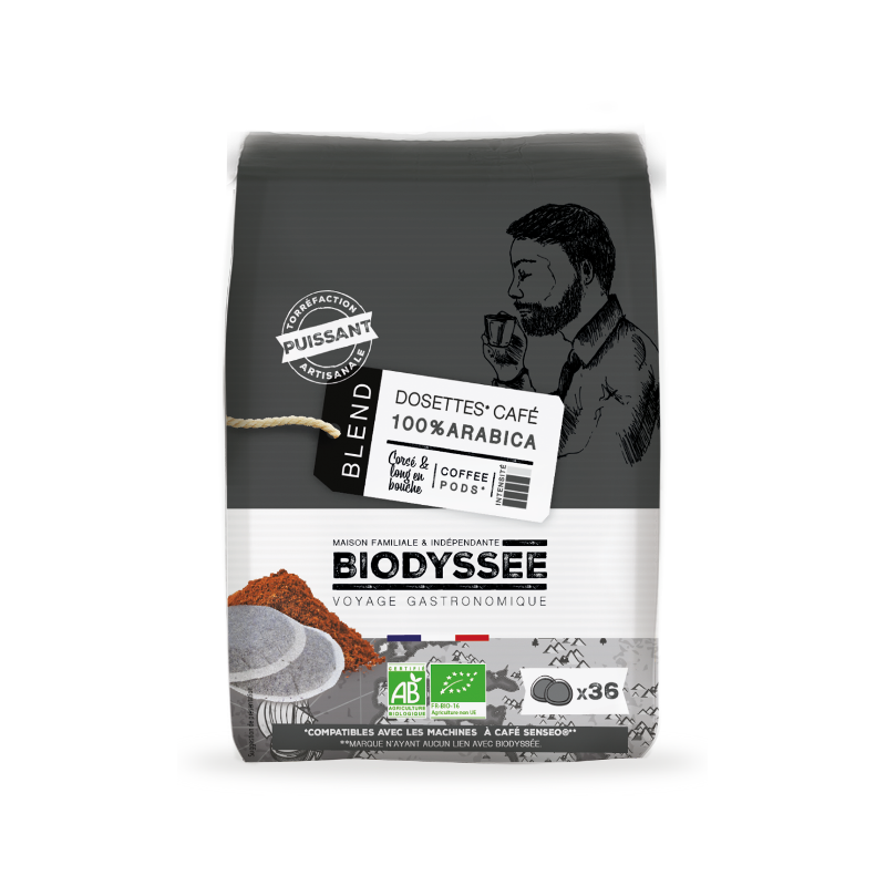 Café en dosette forte italien 100% arabica, compatible SENSEO 36x8g, Biodyssee