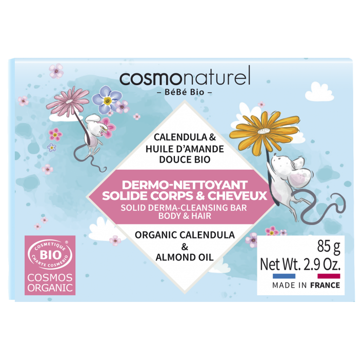 Dermo-nettoyant solide, corps et cheveux, calendula amande douce, pour bébé,   85g, Cosmonaturel