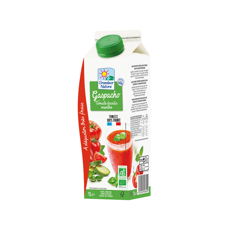Gaspacho, tomate basilic menthe , tomates 100% France, 1 litre, Grandeur Nature