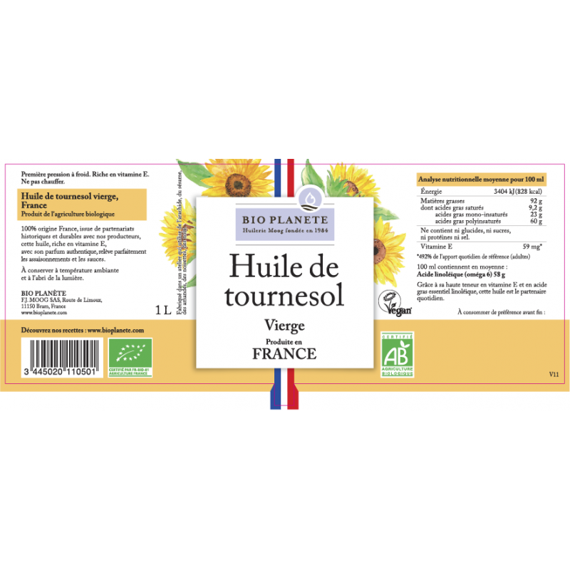 Huile de tournesol 100% France, 1l, Bio Planète