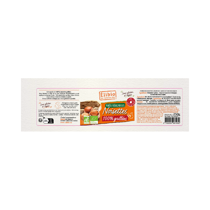 Purée de noisette 100% grillées, 250g, Elibio