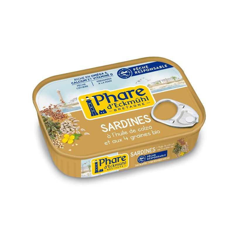 Sardine pêche responsable" à l'huile de colza et au 4 graines bio 135g", Phare d'Eckmühl