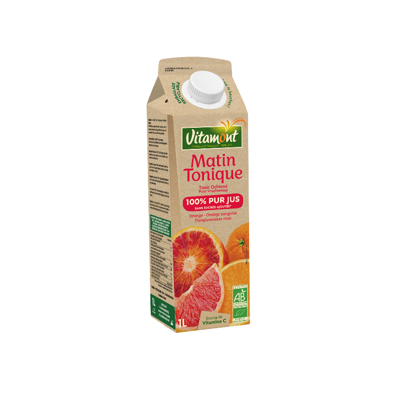 Matin tonique, orange, orange sanguine, pamplemousse rose, 100% pur jus, 1l, Vitamont